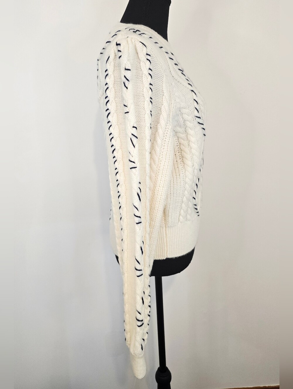 & Other Stories Paris Atelier Cream Cable Knit Wool Sweater Navy Whipstitch - Picture 8 of 10